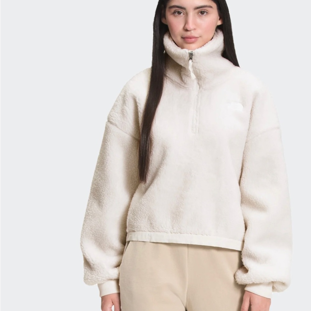 North Face White Platte Sherpa 1/4 Zip Cropped Sweater
